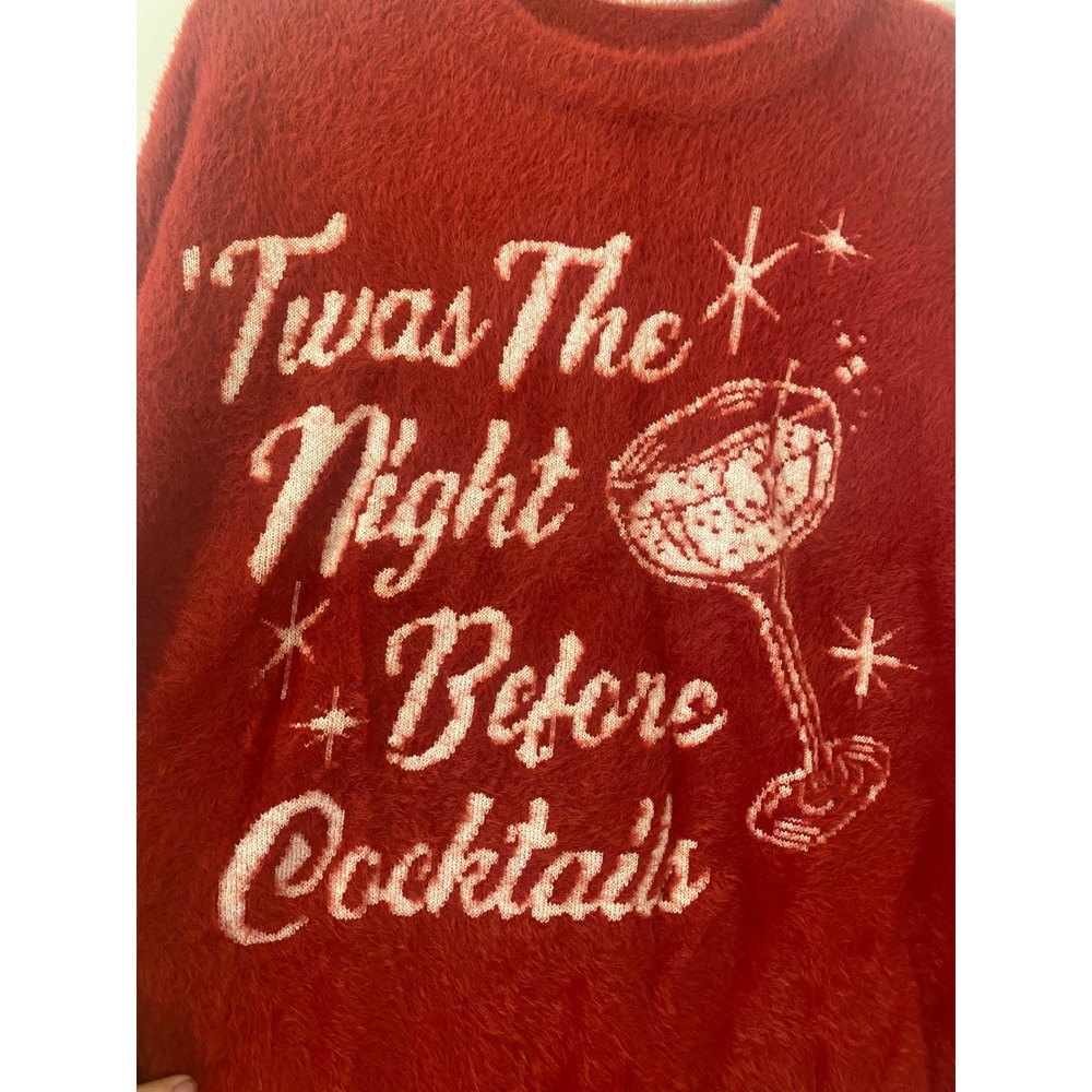 Show Me Your Mumu Twas The Night Before Cocktails Red Fuzzy Sweater Medium NWT - Picture 3 of 6
